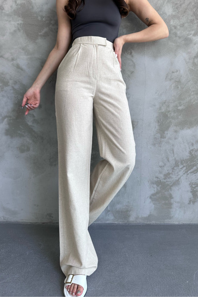 macharelbasic Γυναικείο παντελόνι από ελαφρύ λινό και μουσελίνα - φαρδύ πόδι με Velcro