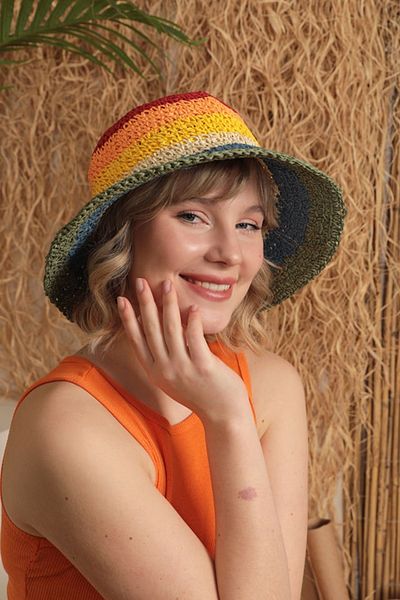 MrDemir Colorful Straw Women's Hat - Hand Knitted and Multicolored