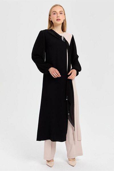 Esswaap Pleated Sleeves and Shawl Detailed Slit Trousers Set - Stone