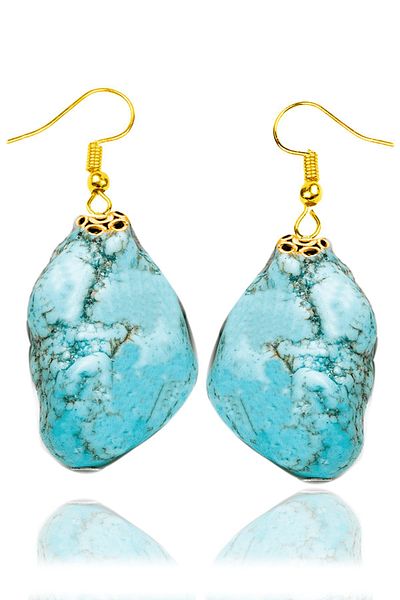 Tesbih Atölyesi Gold Raw Unprocessed Turquoise Natural Stone Earrings - Certified (Turquoise Stone)