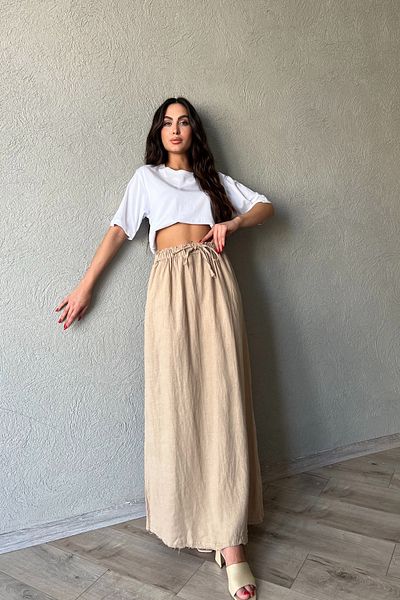 Seda Yalçın Atelier Long Linen Skirt - Mink Color with Tie Waist Detail