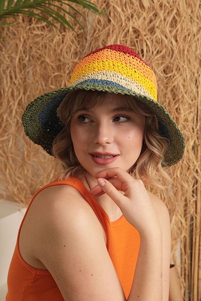 MrDemir Colorful Straw Women's Hat - Hand Knitted and Multicolored