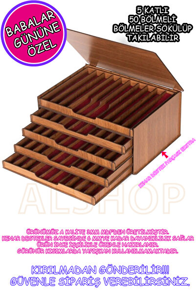 ALSHOP Babalar Günü Hediyesi Tesbih Kutusu Ahşap 5 Katlı Tesbihlik 50 Bölme