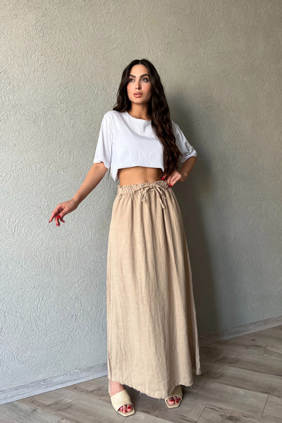 Seda Yalçın Atelier Довга лляна спідниця - колір візону, з деталями на талії