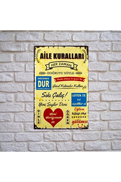 Hediye Vakti Aıle Kuralları Ahşap Duvar ve Kapı Süsü- Retro Ahşap Pano 28 x 20