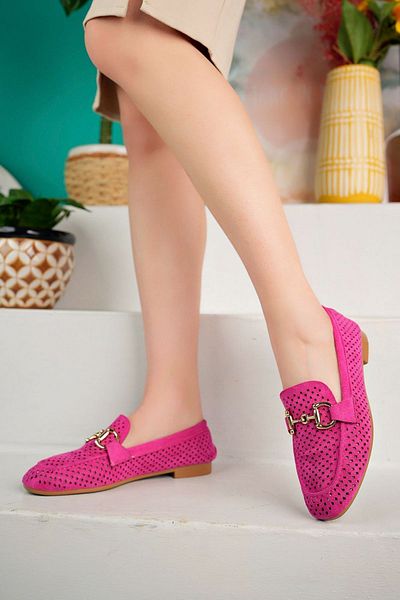 İnan Ayakkabı Women's Fuchsia Color Buckle Detailed Daily Casual Loafer Shoes