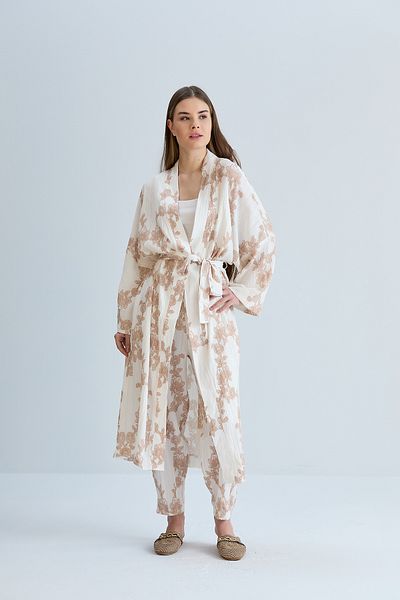 forte bella Long Belted Linen Women's Kimono Set