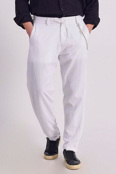 RELAXL Ανδρικό καλοκαιρινό λινό παντελόνι Loose Cut Double Leg Elastic Lace Up Λευκό