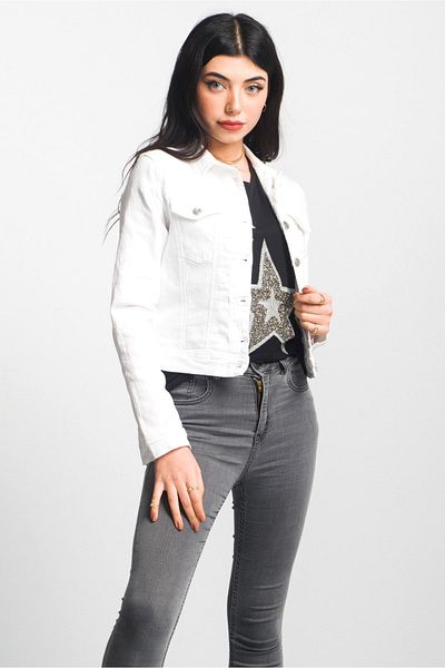 Bold & Young Women's White Power Strech Piece Dye Slim Fit Denim Coat