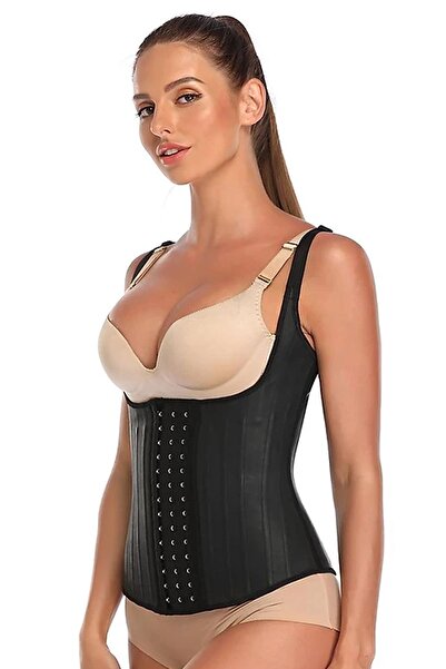 Dr. Fitto Latex Çelik Balenli Kopçalı Vücut Şekillendirici Askılı Tip Korse Siyah Dr301