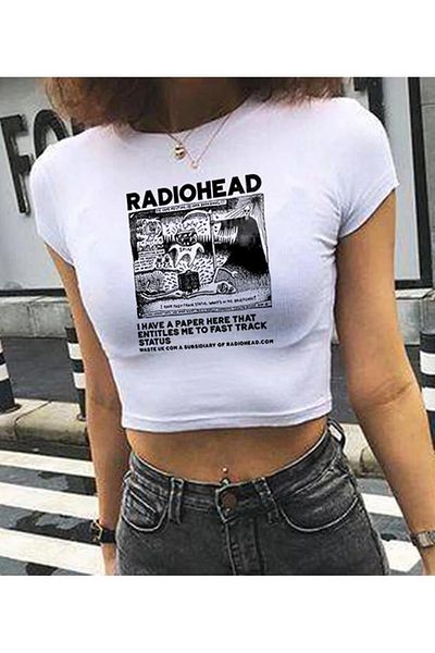 Gofeel RadioHead Λευκό Λεπτομερές Crop Top