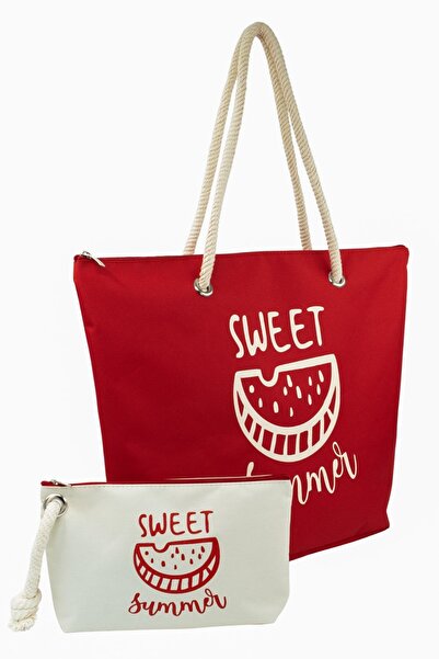 Bakras Red Zippered Beach Bag and Cream Beach Bag Organizer Double Set