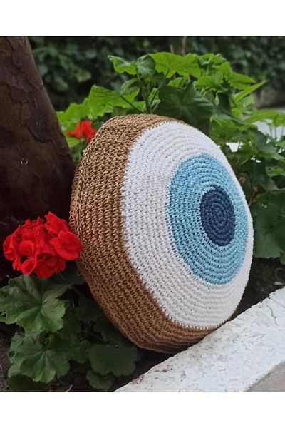 pixiperi Bohemian, Straw Filled Paper String Knitted Brown White Blue Evil Eye Round Decorative Throw Pillow