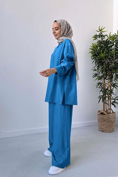 Ka Hijab Set cămașă și pantaloni albastru cu picioare largi