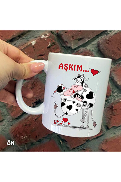 Hediyeciabla Size Özel Aşkım İnek Seramik Baskılı Kupa Bardaklar