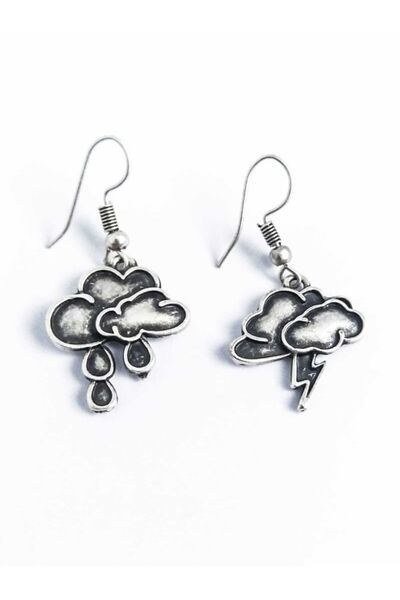 Antique Dolunay Antik Gümüş Kaplama El Yapımı Bulut Yağmur Yıldırım Küpe