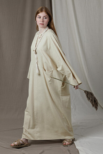 ZÜLAYS Salaş Keten Elbise Taş