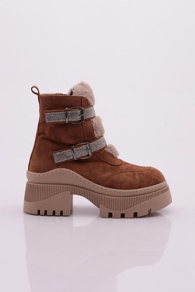 DGN 22011 Dámské - Kožešinové detailní, Zip Silná podešev Stříbrné kamenné boty, Tan Suede
