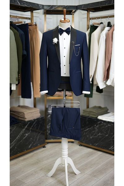 LONATOLİA Navy Blue Satin Slim Fit Tuxedo - Shawl Collar Italian Cut Xprzcom3590-02