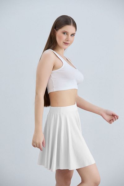 naymanlife Ecru White Mini Shorts Skirt - Flexible Waist, Flounce Flared Belt, Sandy Fabric