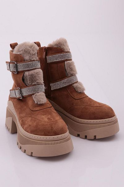 DGN 22011 Dámské - Kožešinové detailní, Zip Silná podešev Stříbrné kamenné boty, Tan Suede