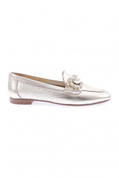 DGN Women's Crystal Stone Buckle Shoes - Gold Lurex, Genuine Leather