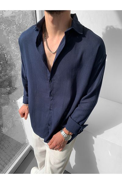 NO1 KONSEPT Oversize Navy Blue Len πουκάμισο - Crinkle Design