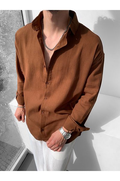 NO1 KONSEPT Oversize Καφέ Λινό Πουκάμισο - Crinkle Design