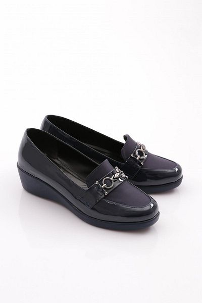 DGN 23072 Navy Blue Patent Leather - Wedge Heeled Women's Shoes with Metal Accessories