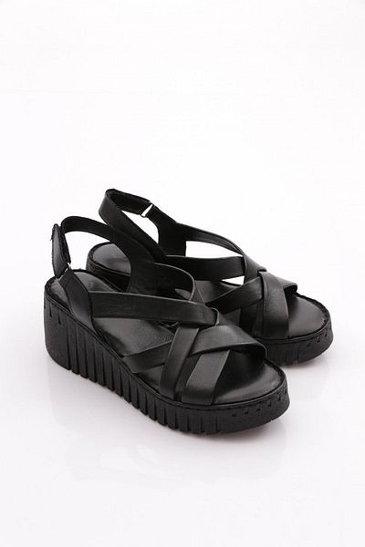 DGN 254 Damen gestreifte offene Sandalen aus echtem Leder Schwarz Schwarz