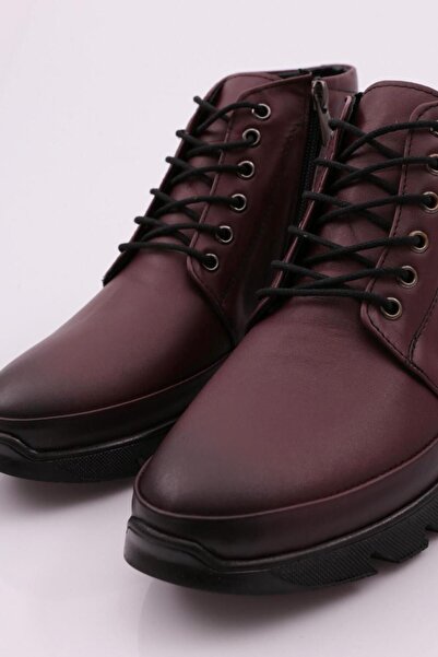 DGN Women's Zipper Detailed Lace up Boots Burgundy Genuine Leather