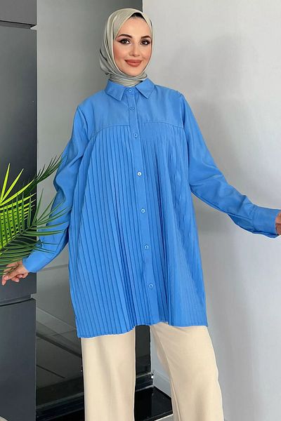 julude Cămașă Hijab pentru damă - Albastru, Design plisat în față