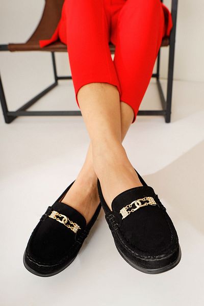 Limoya Turi Black Suede Buckle Detailed Women's Casual Shoes