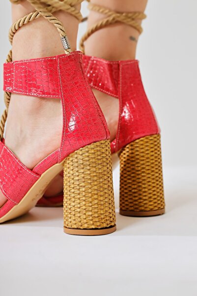 Limoya Britty Fuchsia Crocodile Patent Leather Thick Strap Rope Tie Heeled Women's Sandals Opportunity Product