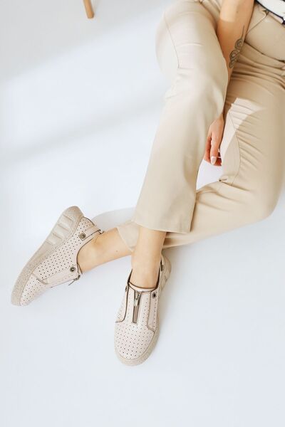 Limoya Melonie Beige Laser Perforated Zippered Women's Casual Shoes Opportunity Product