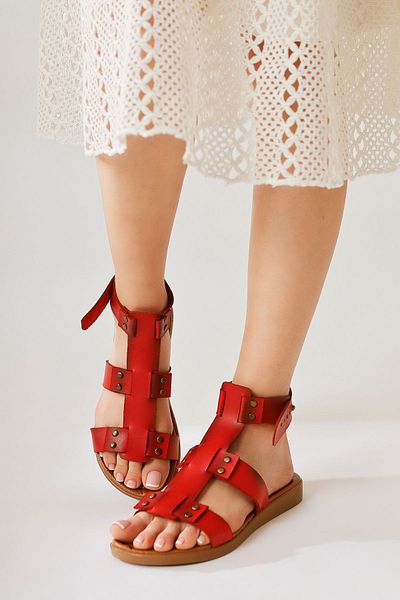 Limoya Genuine Leather Rayen Red Three-Striped Rivet Detailed Belt Women's Sandals