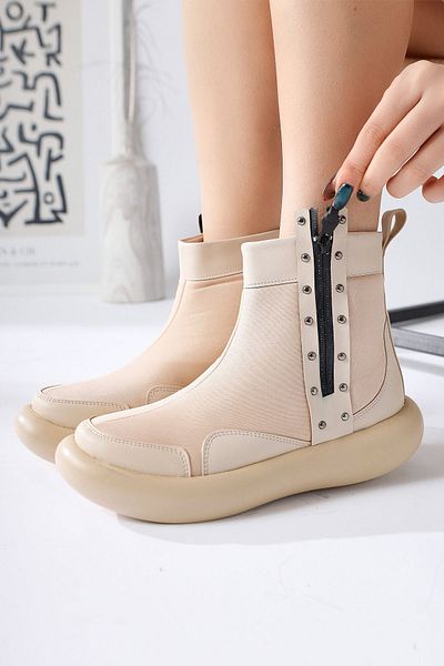 Limoya Maeda Beige Diver - Γυναικείο μποτάκι με λεπτομέρεια με συρραπτικό και φερμουάρ