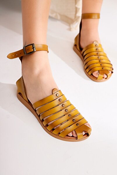 Limoya Genuine Leather Helen Mustard Finger-Covering Bodrum Women's Sandals Opportunity Product