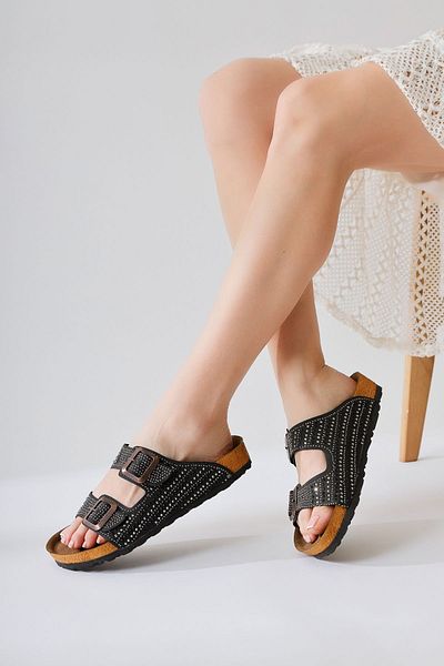 Limoya Aire Beige Double Banded Women's Slippers with Stone Detail