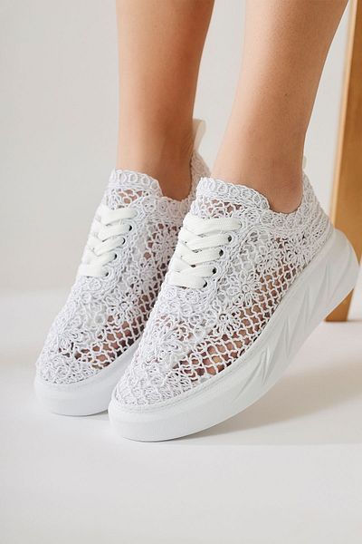 Limoya Anete Tricoturi Albe Pantofi de dama cu siret cu broderie de flori, pantofi sport cu siret