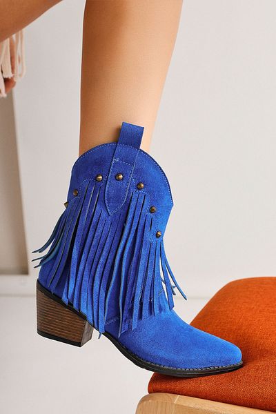 Limoya Γυναικείες μπότες Western Lillebeth Blue Suede Tasseled Stud