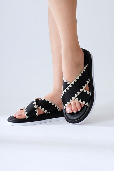 Limoya Rosalyn Black Cross Strap Women's Slippers with Embroidery Detail