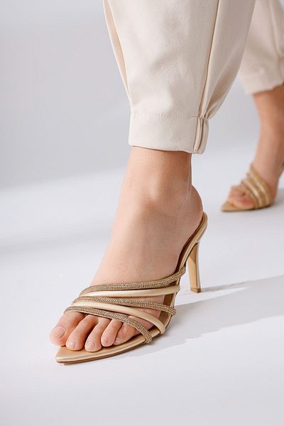 Jilberto Rosario Gold Pointed Toe Asymmetrical Banded Stone Heeled Women's Slippers