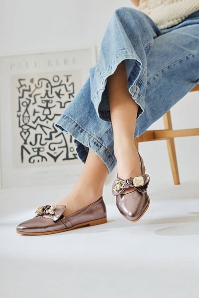 Limoya Balerini Joselin Platinum din piele lacuita sifonata cu accesorii fundita, pantofi balerini dama