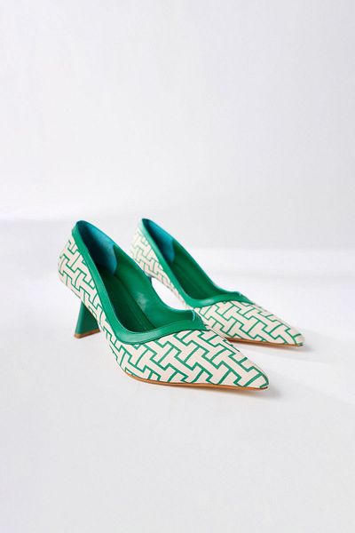 Limoya Lottis Green Geometric Patterned Pointed Toe Heeled Women's Shoes