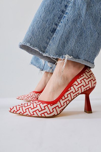 Limoya Lottis Red Geometric Patterned Pointed Toe Heeled Women's Shoes