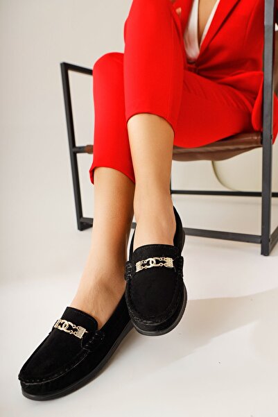 Limoya Turi Black Suede Buckle Detailed Women's Casual Shoes