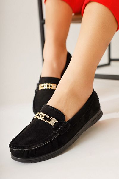 Limoya Turi Black Suede Buckle Detailed Women's Casual Shoes