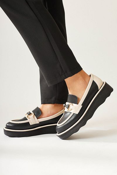 Limoya Larah Black-Beige Buckle Detailed Loafers, Women's Loafers