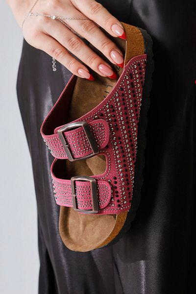 Limoya Aire Fuchsia Double Banded Stone Detailed Women's Slippers
